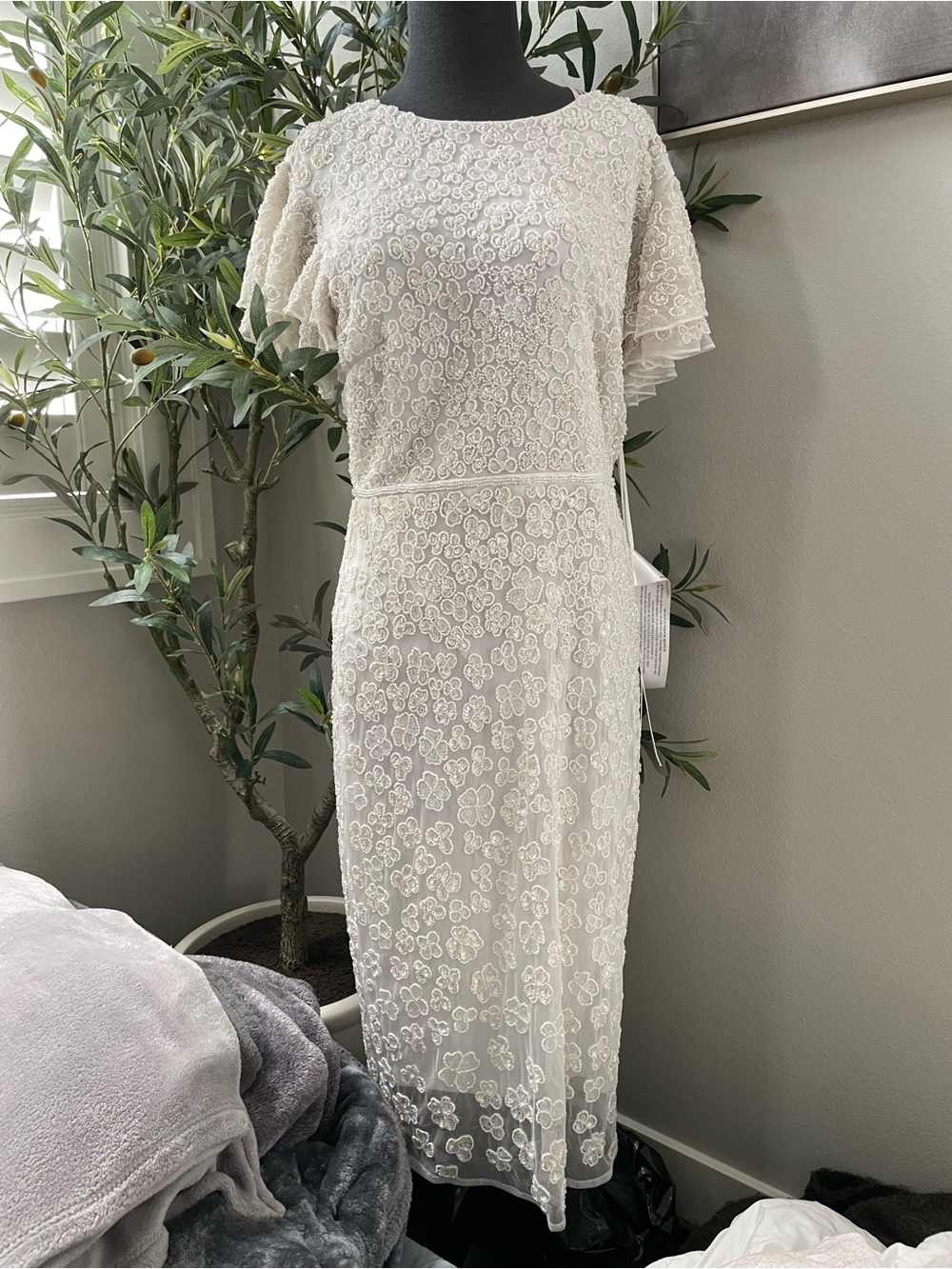 Mac Duggal White Beaded Floral Dress